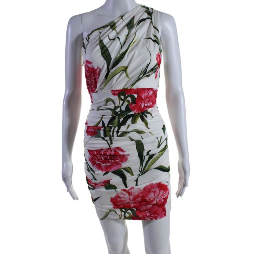 Dolce and Gabbana Womens One Shoulder Ruched Floral Dress White Size IT 36 LL19L